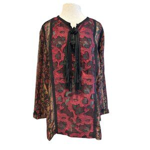 Denim 24/7 Womens Size 22W Sheer Floral Print Blouse With Tassel Tie